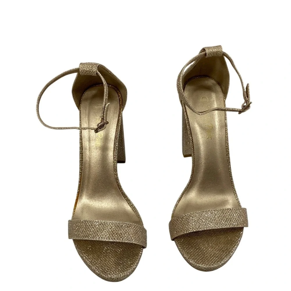 Womens Gold Glitter Ankle Strap Block Heels Size 8 Open Toe Sandals Party Shoes